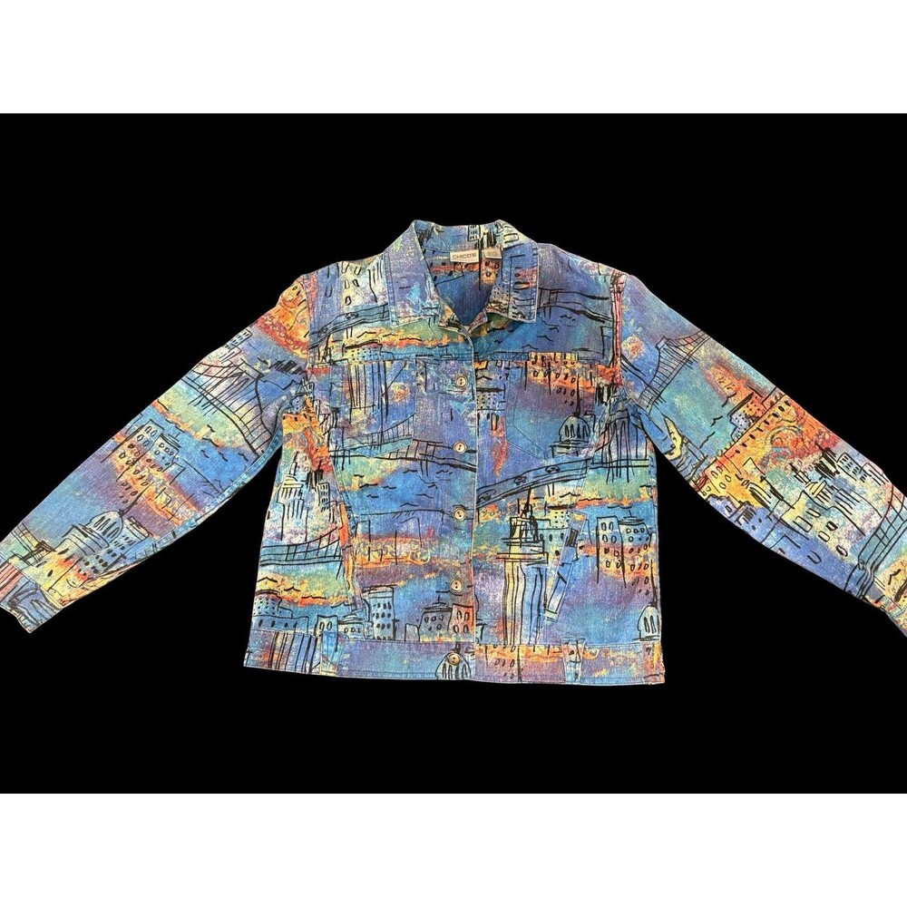 Chico's Size 0 Blue Linen Cotton Landscape Print Button Front Jacket Art to Wear